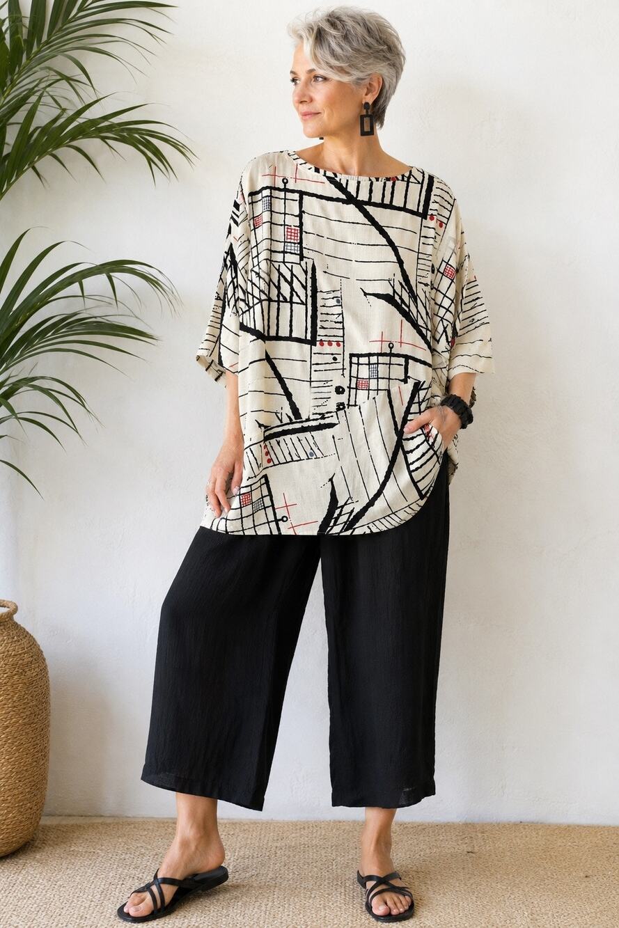 Vintage Regal Row Womens Tunic Top Size 38 Art to wear Abstract Cream Lagenlook
